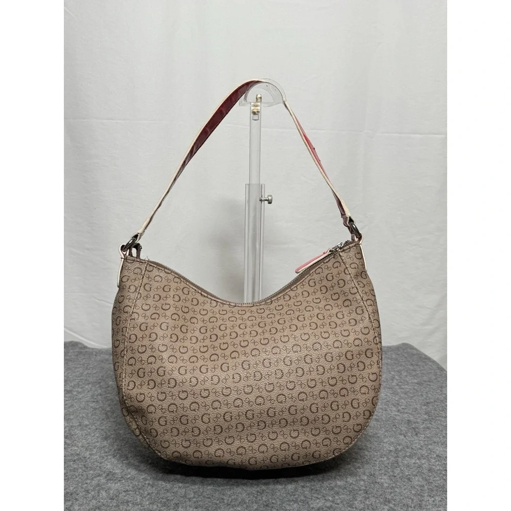 GUESS Beige Brown Logo Hobo Shoulder Bag Purse Coral Color Faux Leather Strap‎